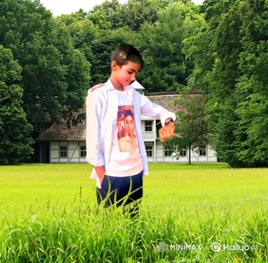 Young Boy Examines Watch in Peaceful Countryside – AI Generated Video | Hailuo AI