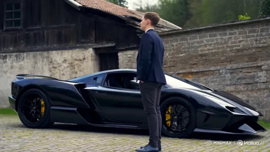 Young Man Drives Lamborghini Away from Village Wall – AI Generated Video | Hailuo AI