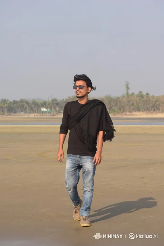 Young Man Walking on Beach with Dynamic Camera Work – AI Generated Video | Hailuo AI