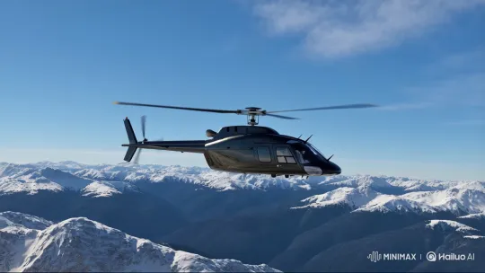 Modern Helicopter Glides Through Snowy Mountains – AI Generated Video | Hailuo AI