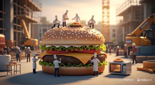 Miniature Chefs Craft Giant Burger at Construction Site – AI Generated Video | Hailuo AI