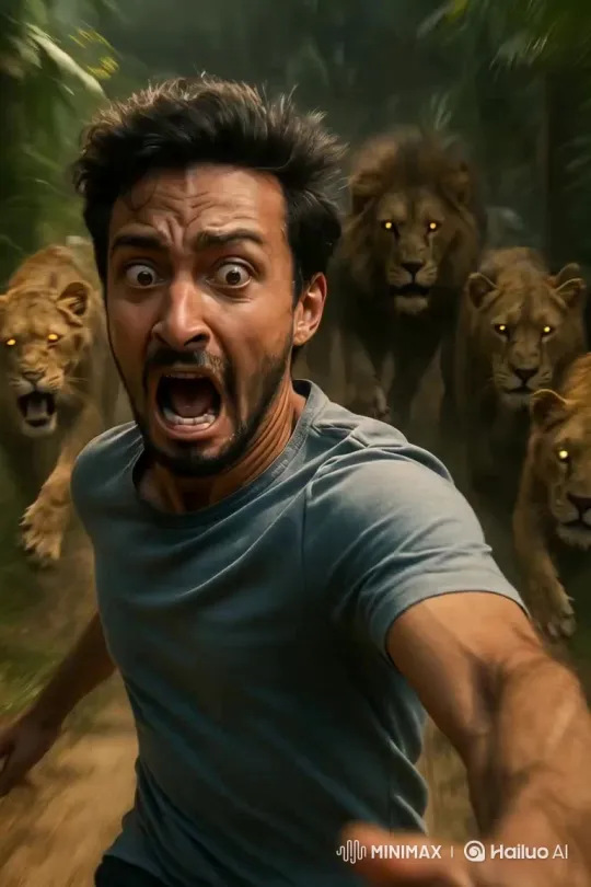 Survival Run: Chased by Glowing-Eyed Lions – AI Generated Video | Hailuo AI