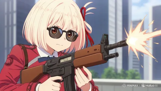 Anime Girl Fires Rifle in Dynamic Cityscape Scene – AI Generated Video | Hailuo AI