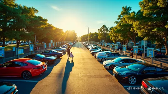 Woman and Child Walking in Sunset-Lit Parking Lot – AI Generated Video | Hailuo AI