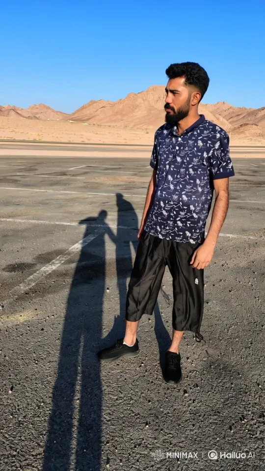 Man Drives Away in Global Sedan on Desert Paved Lot – AI Generated Video | Hailuo AI