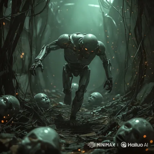 Cyborg Chase Through Dark Corridor in Futuristic Ruins – AI Generated Video | Hailuo AI