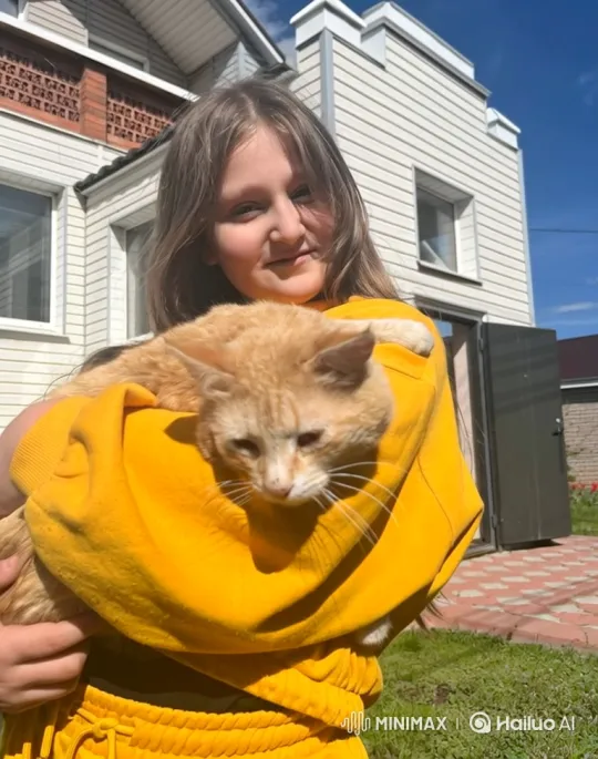 Girl and Cat Share Serene Moment in Sunny Backyard – AI Generated Video | Hailuo AI