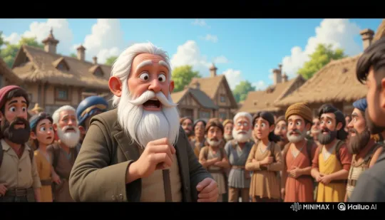 Old Wise Man Addresses Concerned Villagers in Animated Speech – AI Generated Video | Hailuo AI