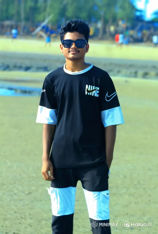 Confident Young Man in Black and White Attire on Beach – AI Generated Video | Hailuo AI