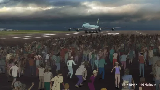 Jumbo Jet Escapes Zombie Horde in Modern Anime Clip – AI Generated Video | Hailuo AI