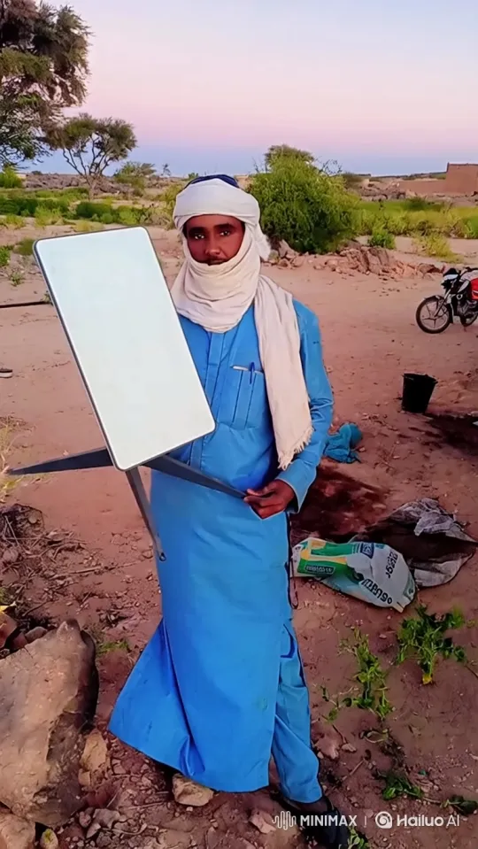 Man Walks with Satellite Dish in Twilight Landscape – AI Generated Video | Hailuo AI