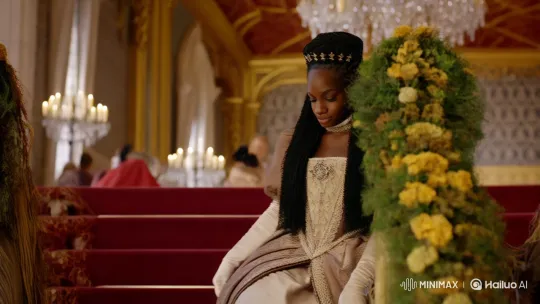 Regal Woman Descends Grand Staircase in Medieval Banquet Hall – AI Generated Video | Hailuo AI