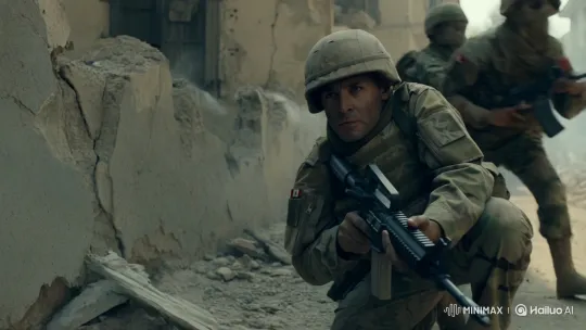 Iranian Soldier in War Zone Amidst Firefight – AI Generated Video | Hailuo AI