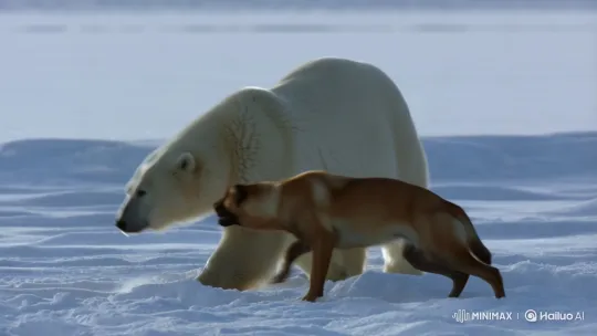 Belgian Malinois and Polar Bear Play in Snow – AI Generated Video | Hailuo AI