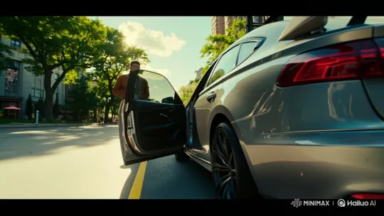Man exits sports car, walks down urban street – AI Generated Video | Hailuo AI