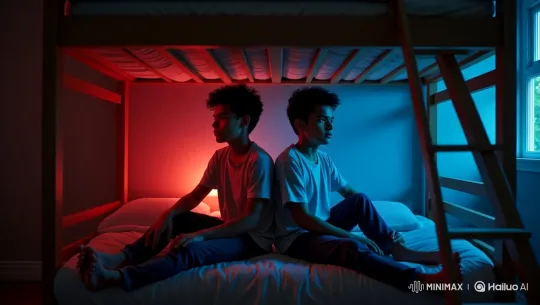 Twins Contemplate in Red and Blue Light – AI Generated Video | Hailuo AI