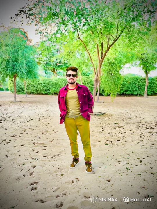 Young Man Poses Confidently in Park Amidst Gentle Breeze – AI Generated Video | Hailuo AI