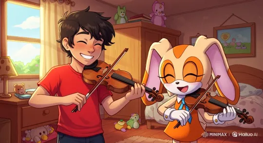 Boy and Cream the Rabbit Play Violin in Harmony – AI Generated Video | Hailuo AI