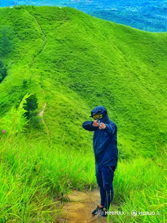Person Aiming at Camera in Vibrant Green Hills – AI Generated Video | Hailuo AI