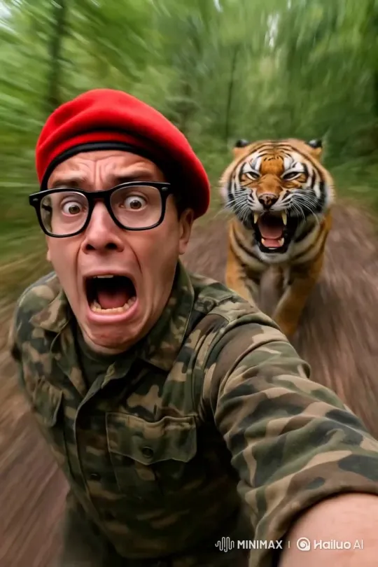 Video of Man Evading a Tiger – AI Generated Video | Hailuo AI