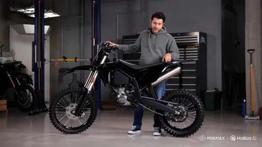 Enthusiastic Introduction to Surron Electric Dirt Bike in Modern Garage – AI Generated Video | Hailuo AI