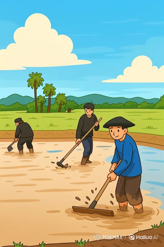 Rural Harmony: Farmers Preparing Rice Paddy with Birds in Flight – AI Generated Video | Hailuo AI