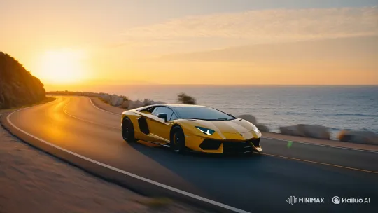 Golden Hour Drive: Yellow Lamborghini on Coastal Highway – AI Generated Video | Hailuo AI