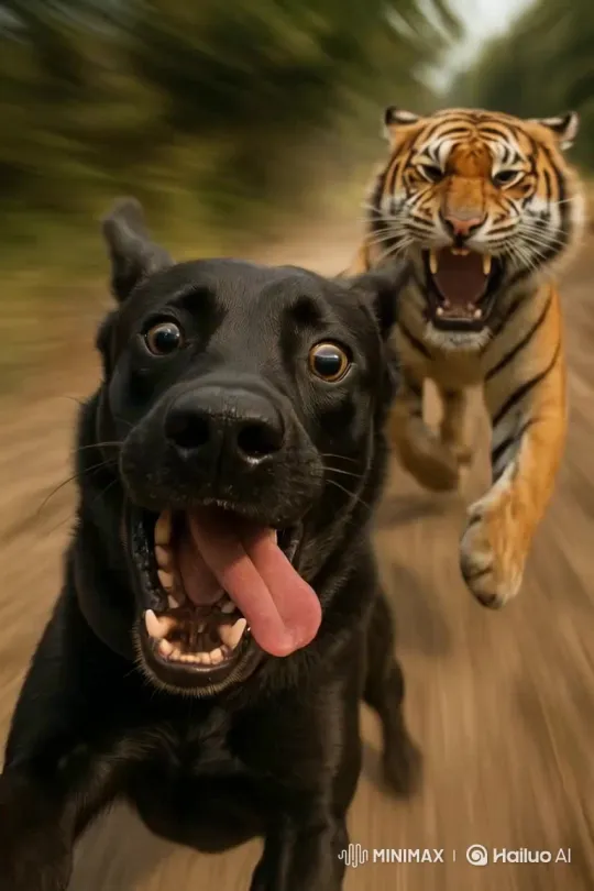 Tiger Pursues Dog and Owner – AI Generated Video | Hailuo AI