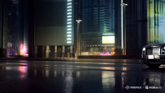 Rolls Royce Glides Through Reflective Night Cityscape – AI Generated Video | Hailuo AI