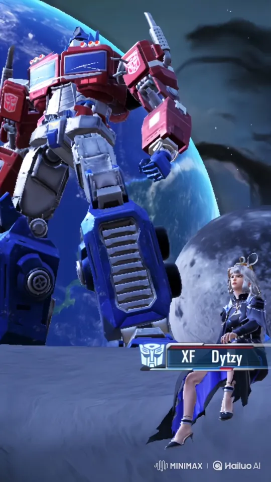 Optimus Prime Stands on Celestial Surface with Earth in Background – AI Generated Video | Hailuo AI