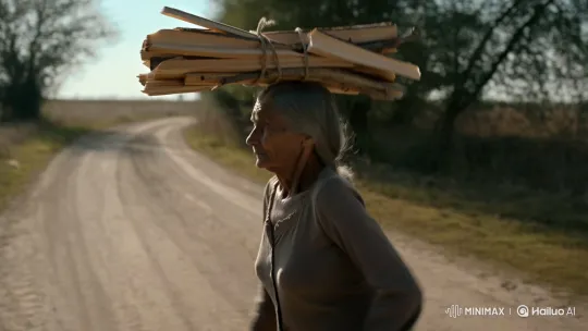 Elderly Woman Skillfully Runs with Firewood on Dusty Rural Path – AI Generated Video | Hailuo AI