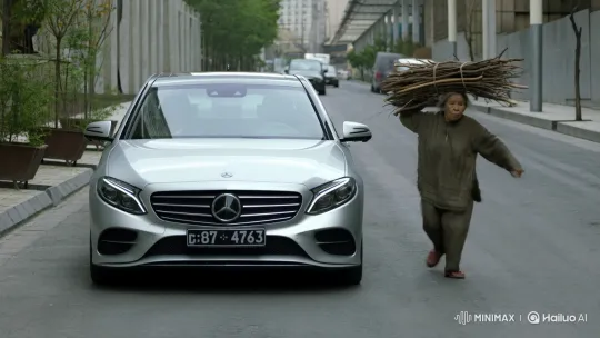 Elderly Woman Rushes Toward Modern Benz with Firewood – AI Generated Video | Hailuo AI