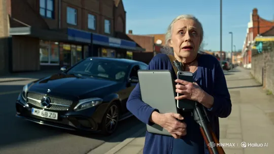 Elderly Woman Flees with Stolen Goods to Benz Car – AI Generated Video | Hailuo AI