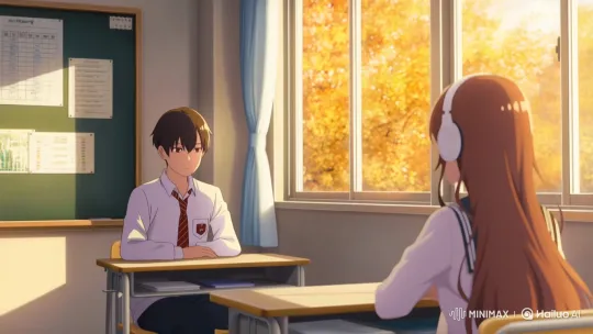 Shy Boy Admires Pretty Girl in Autumn Classroom – AI Generated Video | Hailuo AI