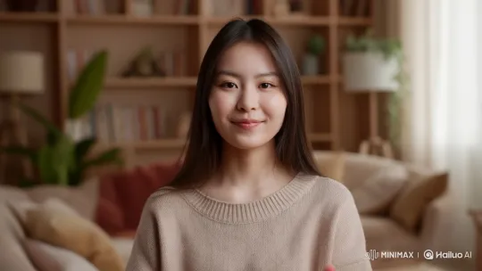 Young Woman's Charming, Cozy Living Room Pose – AI Generated Video | Hailuo AI