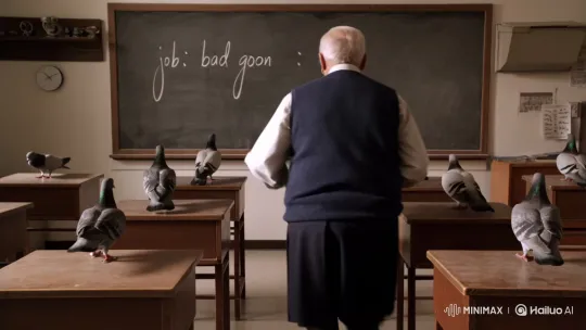 Old Man Causes Pigeons to Explode into Milk in Classroom – AI Generated Video | Hailuo AI