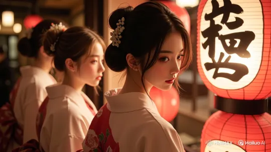 Traditional Elegance: Woman in Floral Updo and Lantern-Lit Setting – AI Generated Video | Hailuo AI