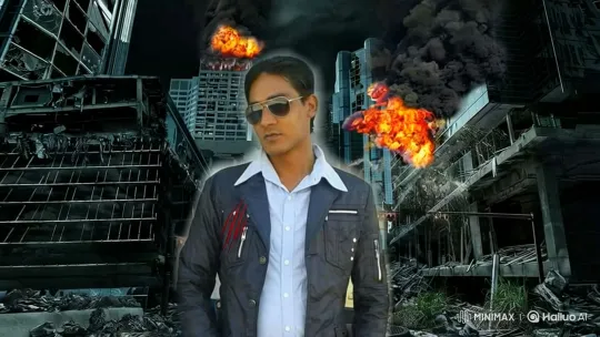 Stoic Man Stands Amidst Destroyed Cityscape – AI Generated Video | Hailuo AI