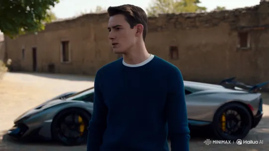 Confident Man Drives Lamborghini Away from Traditional Village – AI Generated Video | Hailuo AI