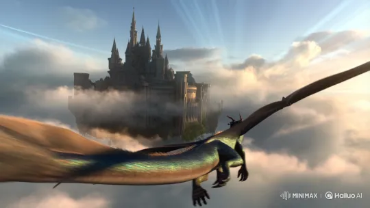 Majestic Dragon Circles Floating Castle in Sky – AI Generated Video | Hailuo AI