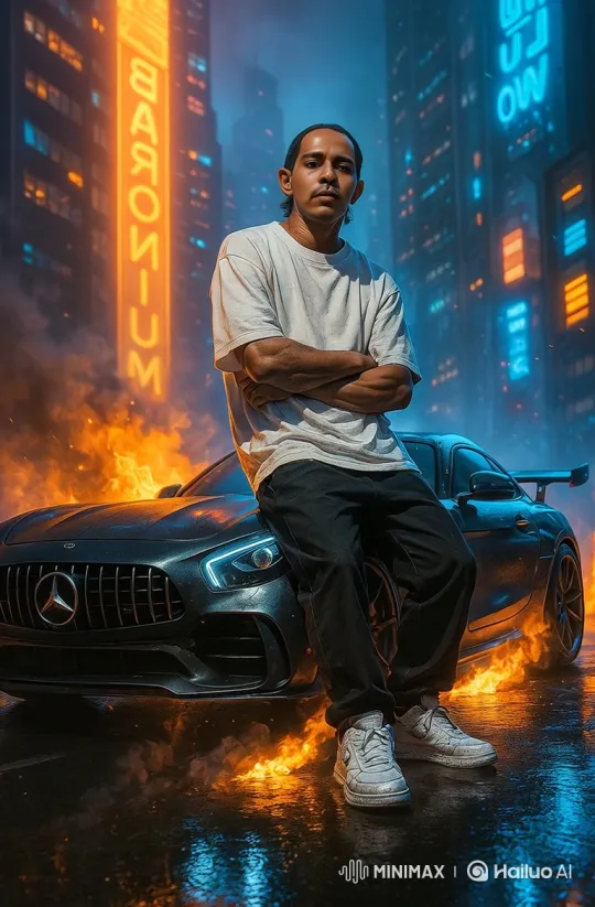 Man Stands by Sports Car Amidst Neon City Night – AI Generated Video | Hailuo AI