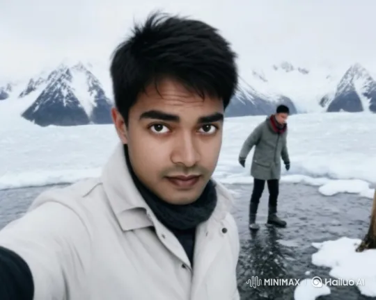 Young Man in Snowy Landscape with Approaching Vehicle – AI Generated Video | Hailuo AI