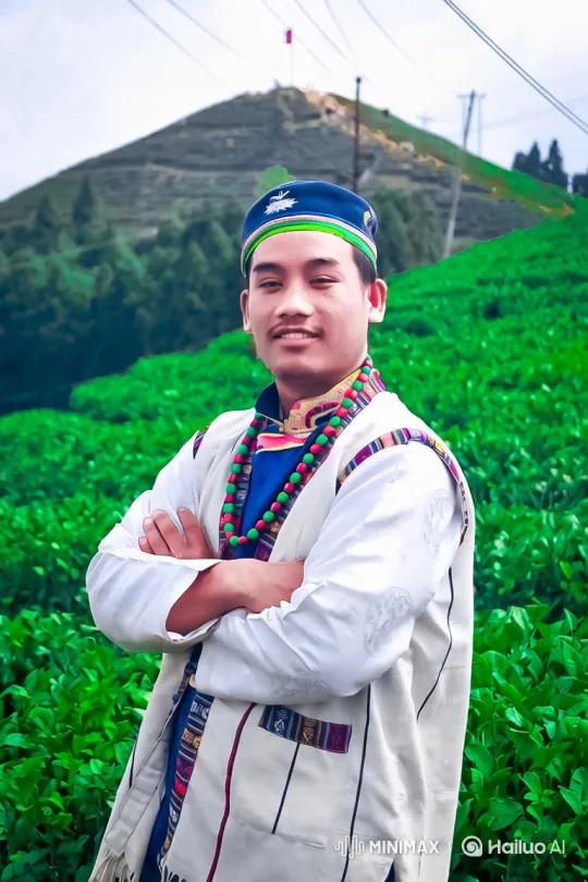 Young Man in Traditional Attire Amidst Rolling Tea Plantation – AI Generated Video | Hailuo AI