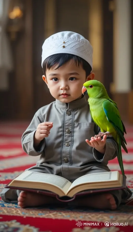 Toddler Recites Holy Book, Parrot Listens Intently – AI Generated Video | Hailuo AI