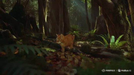 Ginger Tabby Cat Stealthily Navigates a Sunlit Forest – AI Generated Video | Hailuo AI