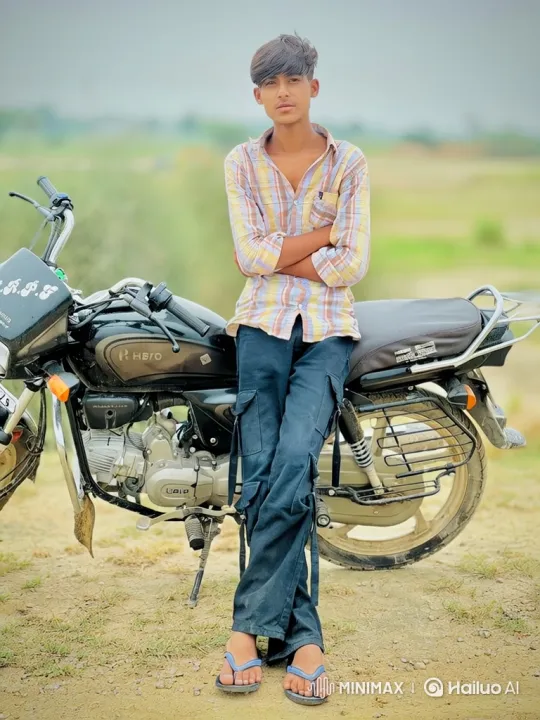 Young Man Stands by Motorcycle in Dusty Area – AI Generated Video | Hailuo AI
