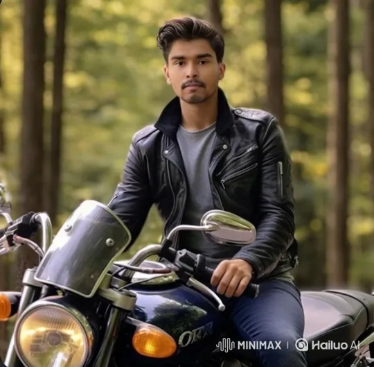 Young Man on Motorcycle in Tranquil Forest – AI Generated Video | Hailuo AI