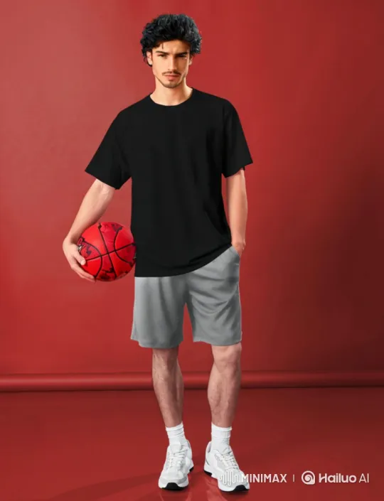Young Man Showcases Red T-Shirt with Basketball – AI Generated Video | Hailuo AI