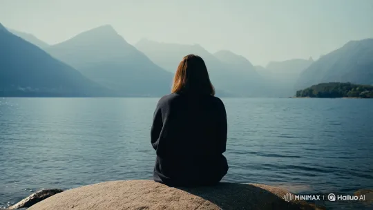 Contemplative Person Overlooking Serene Waters and Mountains – AI Generated Video | Hailuo AI