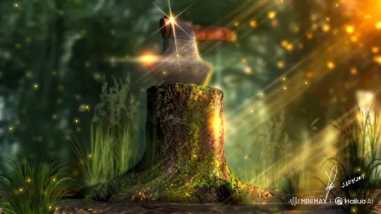 Enchanted Forest: Axe in Stump with Magical Lighting – AI Generated Video | Hailuo AI